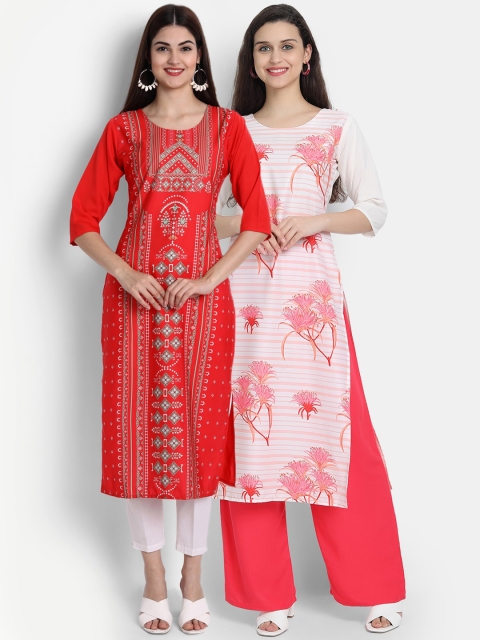 

Ethnic basket Women Pack of 2 Red & White Digital Printed Straight Kurtas