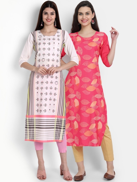 

Ethnic basket Women Pack of 2 Pink & White Ethnic Motifs Printed Floral Crepe Kurta
