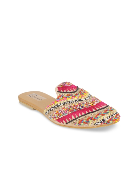 

The Desi Dulhan Women Beige Embellished Leather Ethnic Mules Flats