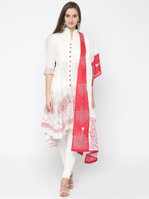 

Biba Women White & Red Embroidered Kurta with Churidar & Dupatta