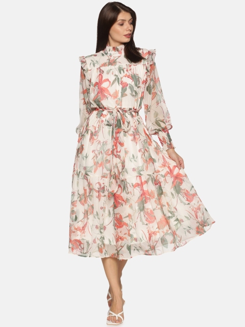 

ISU Women Beige & Pink Floral Chiffon Tiered Midi Dress