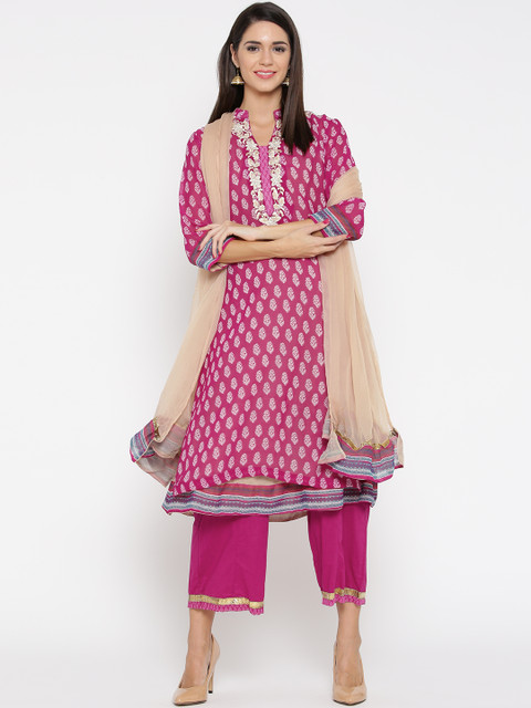 

Biba Women Magenta & Beige Printed Kurta with Trousers & Dupatta