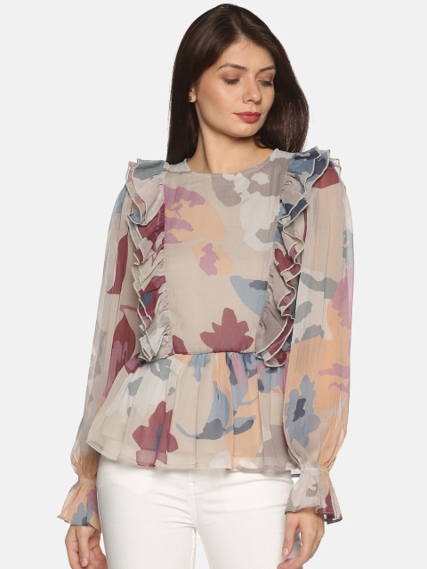 

ISU Blue Floral Print Ruffles Chiffon Peplum Top