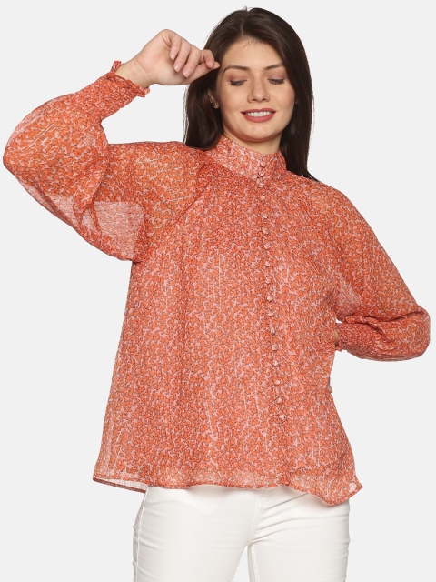 

ISU Women Orange Printed High Neck Top