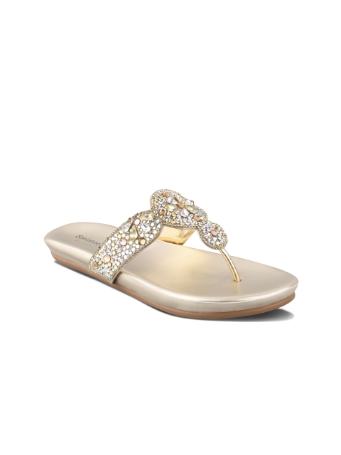 

Stelatoes Women Gold-Toned Embellished Leather Ethnic T-Strap Flats