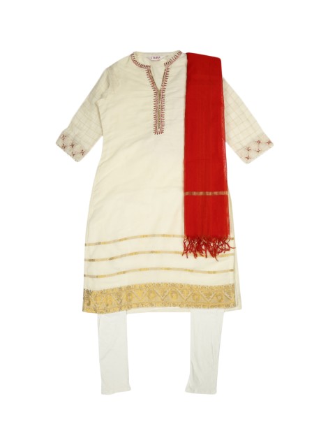 

Biba Women Off-White & Golden Self Design Kurta with Churidar & Dupatta