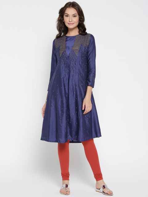 

Biba Women Navy & Red Embroidered Kurta with Churidar, Navy blue
