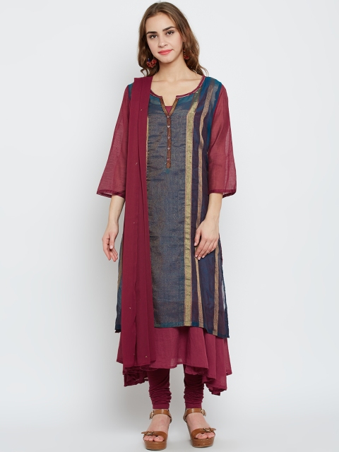 

Biba Women Teal Blue & Maroon Self-Striped Layered A-Line Kurta with Churidar & Dupatta