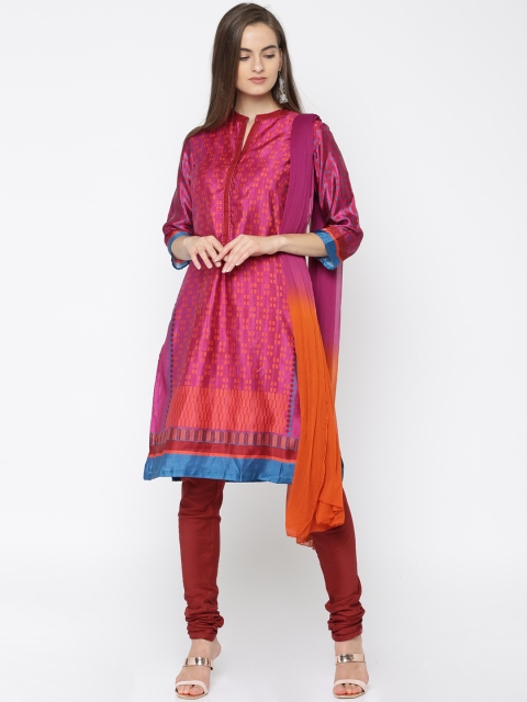 

Biba Women Fuchsia & Orange Printed Kurta with Churidar & Dupatta