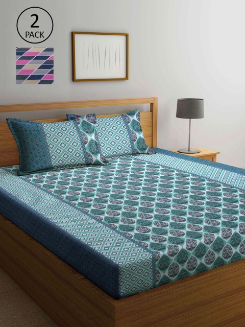 

KLOTTHE Blue & Multicoloured Printed 210 TC Set of 2 Queen Bedsheet with 4 Pillow Covers