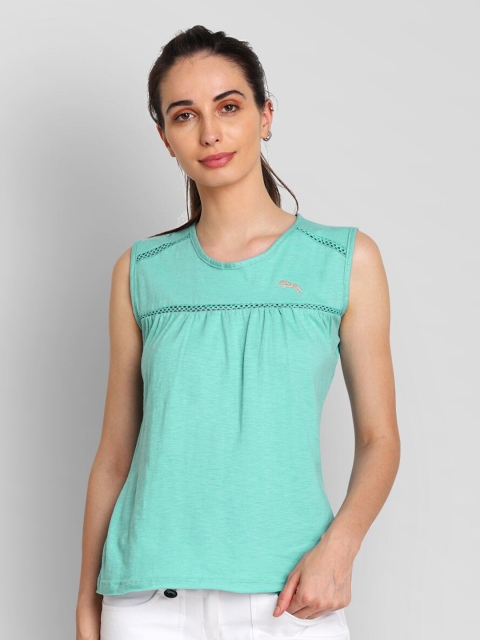 

JUMP USA Sea Green Solid Pure Cotton Lace Insert Regular Top