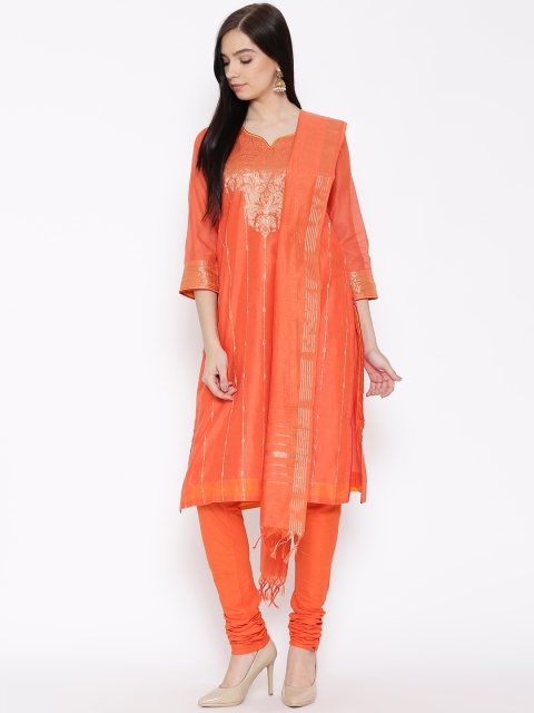 

Biba Orange Zari Woven Design Churidar Kurta with Dupatta