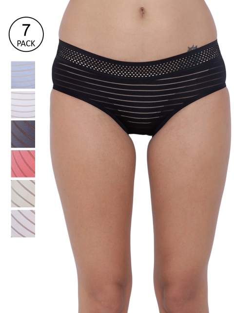 

BASIICS by La Intimo Women Pack of 7 Self Design Low Waist Hipsters, Black