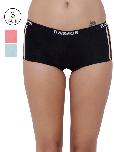

BASIICS by La Intimo Black & Pink Solid Pack Of 3 Boyshort Panty