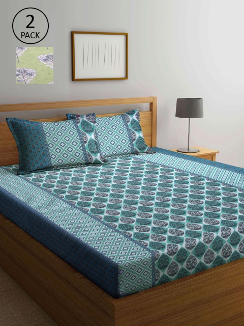 

KLOTTHE Green & Blue Geometric 210 TC 2 Queen Bedsheet with 4 Pillow Covers