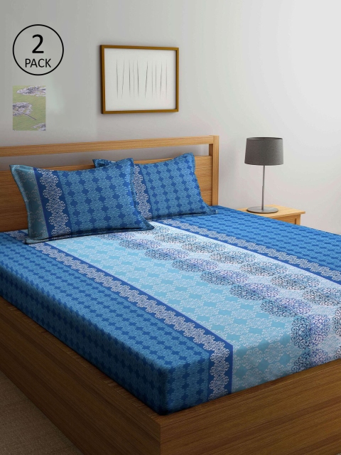 

KLOTTHE Green & Blue Printed 210 TC Set of 2 Queen Bedsheet with 4 Pillow Covers