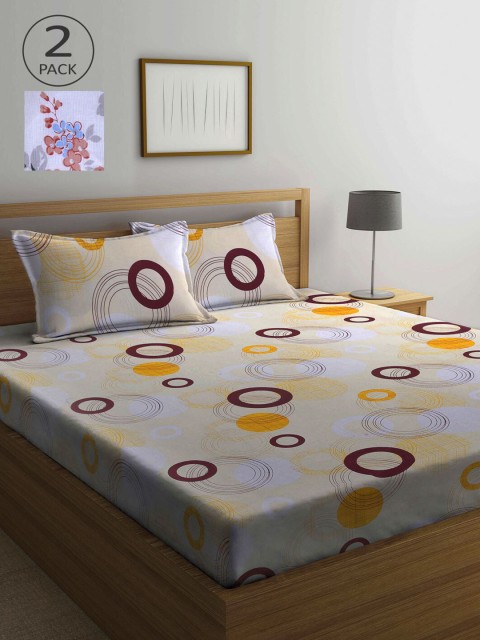 

KLOTTHE White & Tan Floral 210 TC 2 Queen Bedsheet with 4 Pillow Covers
