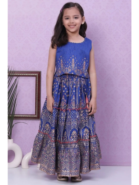 

Biba Girls Blue & Gold-Toned Printed Ready to Wear Lehenga & Choli