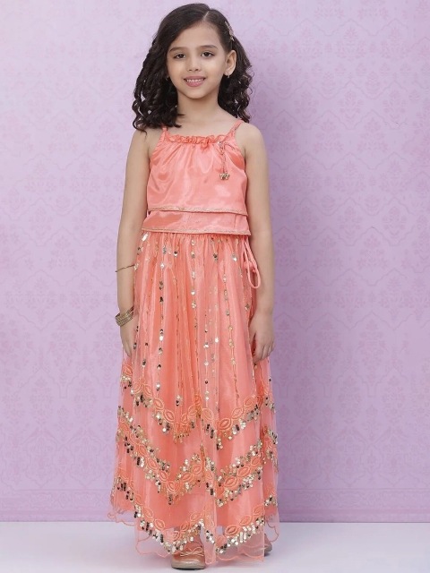 

Biba Girls Coral & Silver-Toned Sequinned Ready to Wear Lehenga & Blouse