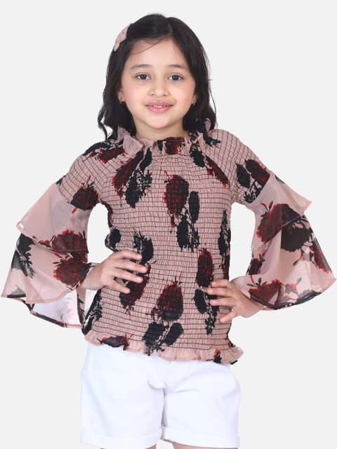 

LilPicks Beige & Black Floral Print Smocked Georgette Top