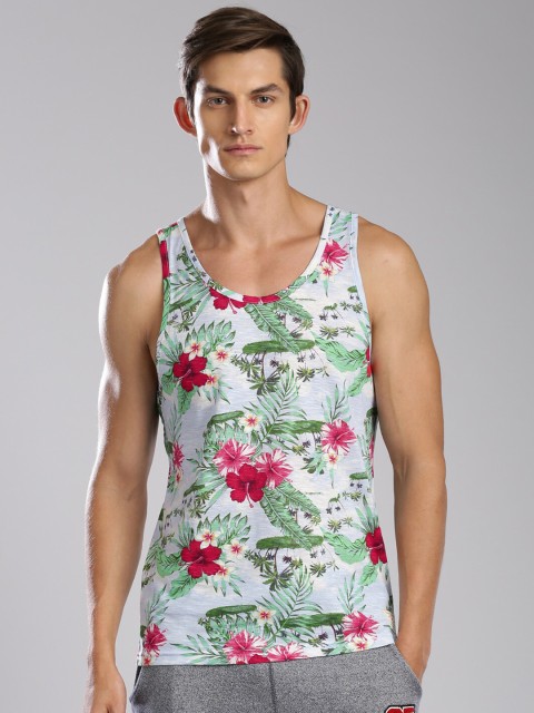 

Masculino Latino Men Green Floral Printed Cotton Gym Vest