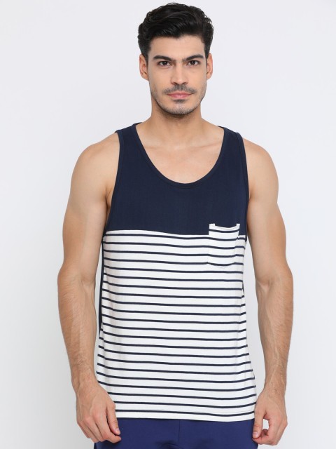 

Masculino Latino Men Navy Blue & White Striped Cotton Training or Gym T-shirt