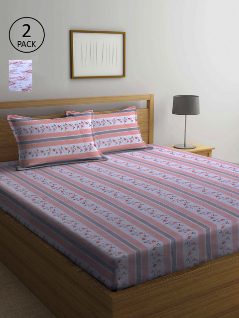 

KLOTTHE Peach-Coloured & White Floral 210 TC 2 Queen Bedsheet with 4 Pillow Covers