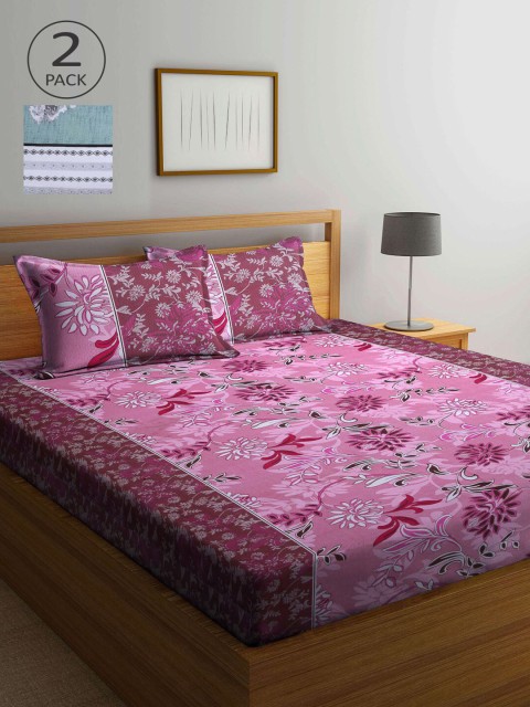 

KLOTTHE Pink & Green Floral 210 TC 2 Queen Bedsheet with 4 Pillow Covers