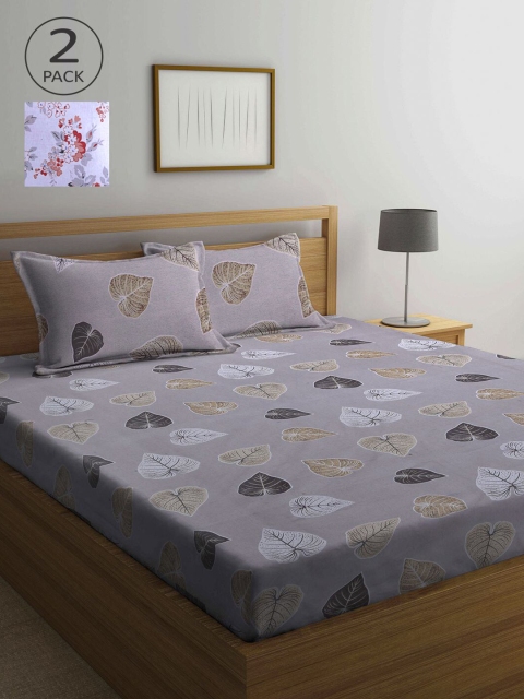 

KLOTTHE Grey & White Floral 210 TC 2 Queen Bedsheet with 4 Pillow Covers