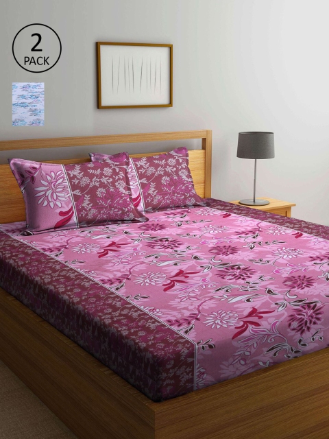 

KLOTTHE Pink & Blue Floral 210 TC 2 Queen Bedsheet with 4 Pillow Covers