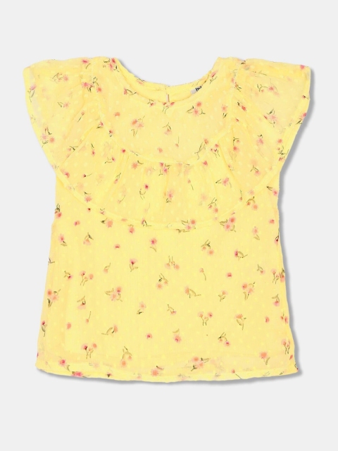

Cherokee Yellow Flutter Sleeve Floral Print Top