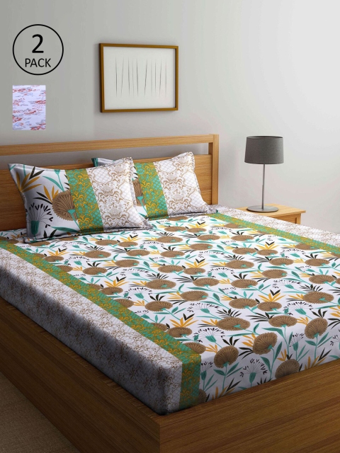 

KLOTTHE White & Green Floral 210 TC 2 Queen Bedsheet with 4 Pillow Covers