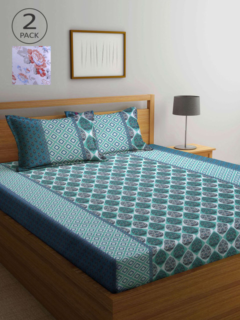 

KLOTTHE Set Of 2 Blue & White Floral 210 TC Queen Bedsheet with 4 Pillow Covers