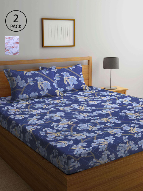 

KLOTTHE Navy Blue & White Floral Pure Cotton 210 TC 2 Queen Bedsheet with 4 Pillow Covers