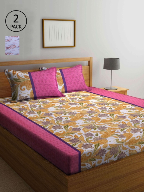 

KLOTTHE Pink & White Floral 210 TC 2 Queen Bedsheet with 4 Pillow Covers