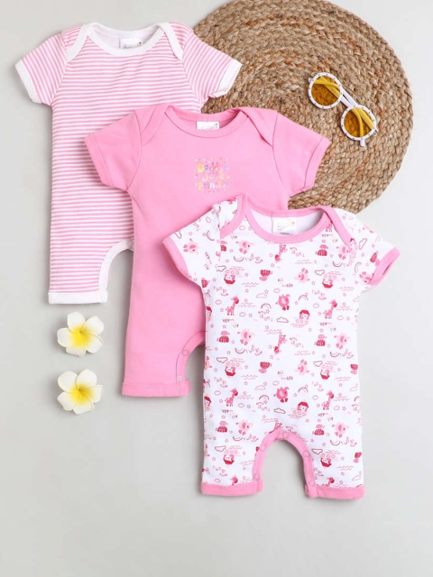

STARTERS Infant Kids Pack Of 3 Pink & White Printed Cotton Rompers