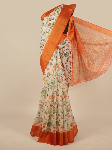 

Pothys Cream-Coloured & Orange Floral Printed Cotton Blend Saree