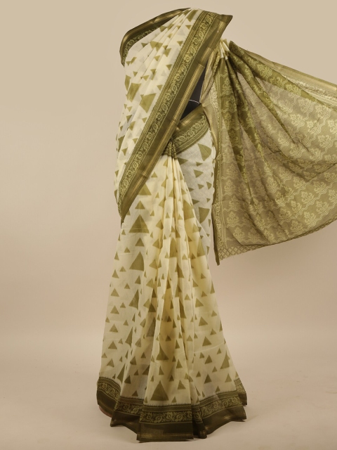 

Pothys Cream-Coloured & Green Geometric Printed Zari Saree