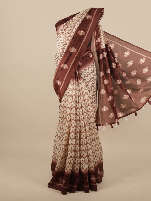 

Pothys Cream-Coloured & Brown Cotton Blend Saree