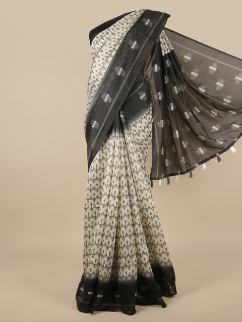

Pothys Cream-Coloured & Black Cotton Blend Saree