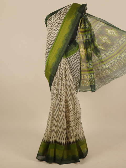 

Pothys Cream-Coloured & Green Geometric Printed Saree