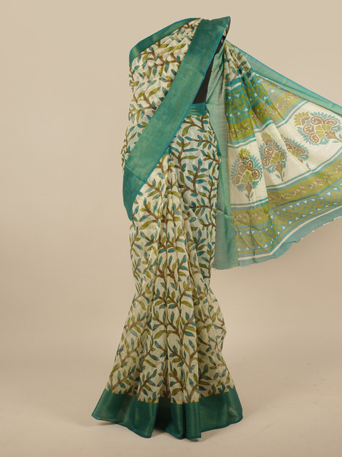 

Pothys Cream & Green Printed Cotton Blend Saree