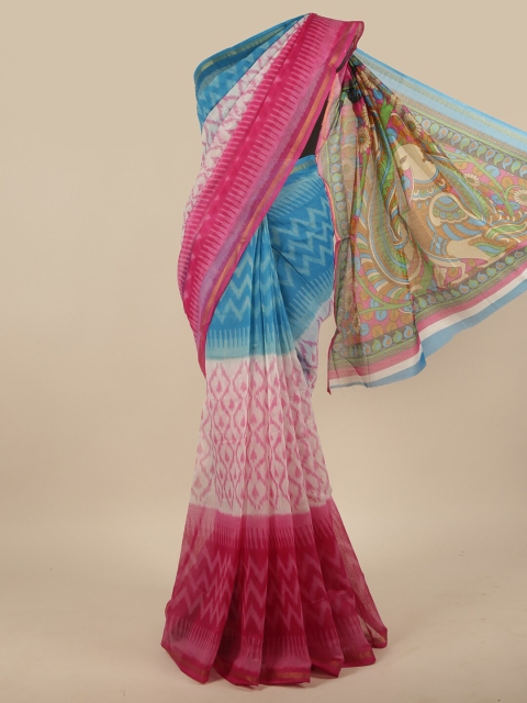 

Pothys Pink & Blue Zari Cotton Blend Saree