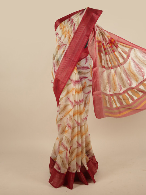 

Pothys Cream-Coloured & Red Floral Printed Zari Saree