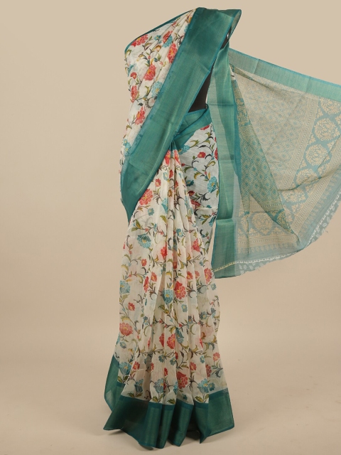 

Pothys Cream-Coloured & Teal Floral Zari Saree