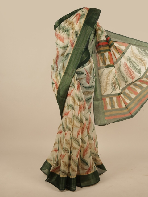 

Pothys Cream-Coloured & Green Cotton Blend Saree