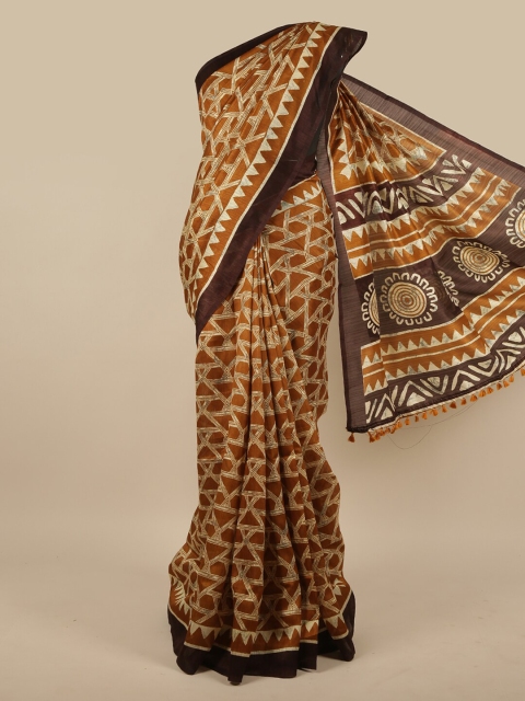 

Pothys Mustard Geometric Printed Jute Silk Saree