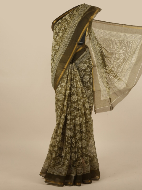 

Pothys Green & Brown Floral Printed Zari Cotton Blend Saree