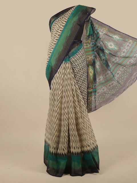 

Pothys Cream-Coloured & Black Cotton Blend Saree