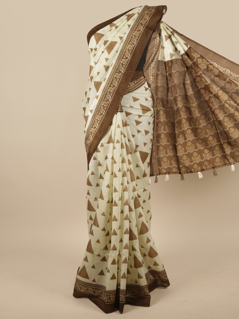 

Pothys Cream-Coloured & Brown Printed Saree